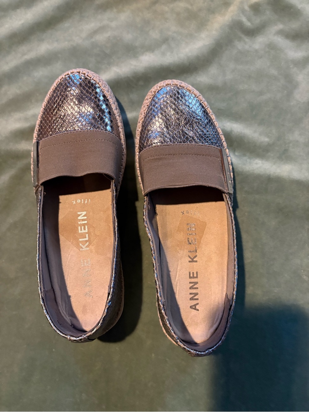 Anne Klein Metallic Pewter Snake-Print Slip-On Loafers